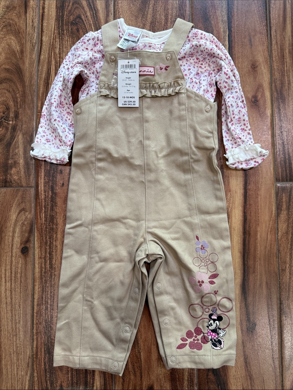 2008 Disney Store Minnie Mouse Tan Overalls with Pink Floral Top 12-18 months
